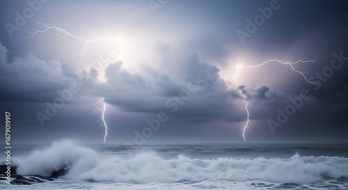 Stormy Ocean with Lightning and Thunderclouds.