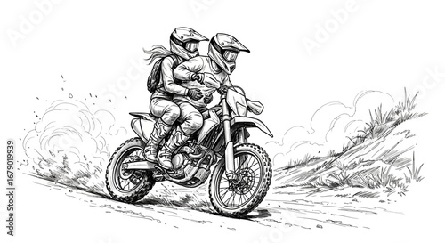 Dynamic illustration of a couple riding a motorcycle in monochrome style