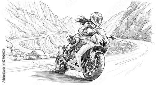 Dynamic line drawing of a motorcyclist navigating a winding mountain road