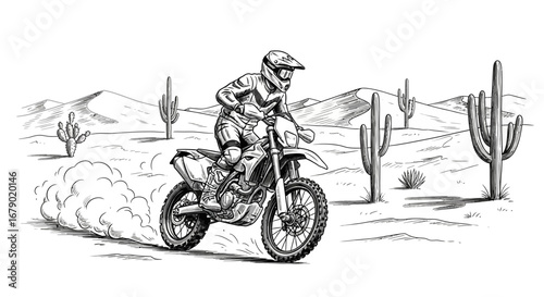 Dynamic monochrome desert trail riding, motocross adventure with cacti scenery