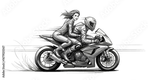 Dynamic monochrome illustration of a motorbike with a couple speeding along