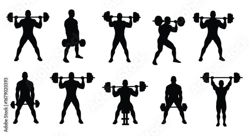 Silhouette of a man performing various dumbbell exercises in different poses