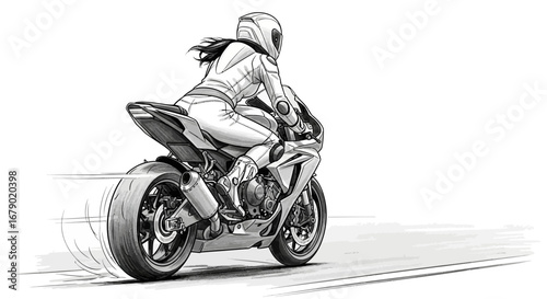 Dynamic monochrome sketch of a motorcycle rider at high speed on track