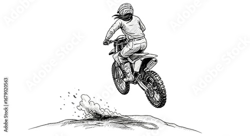 Dynamic motocross jump, a sketched illustration of extreme sport adrenaline