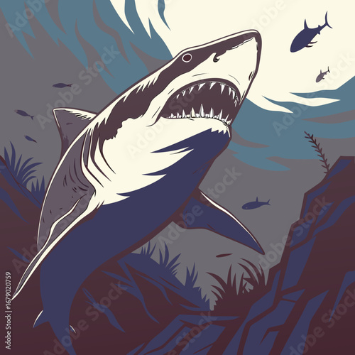 Majestic great white shark emerges from deep blue ocean depths with sharp teeth bared in powerful underwater hunting scene