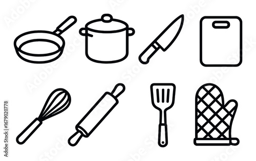 Minimalist kitchen utensils icons on dark background