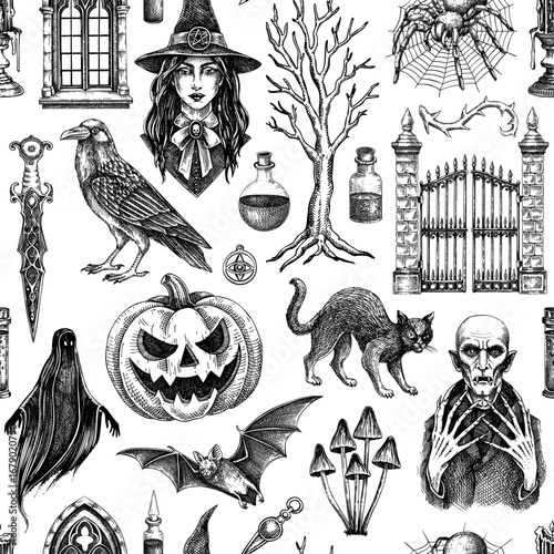 Happy Halloween background. Spooky season seamless pattern. Witch, vampire, monsters, pumpkin head sketches. Hand drawn vector illustration NOT AI generated