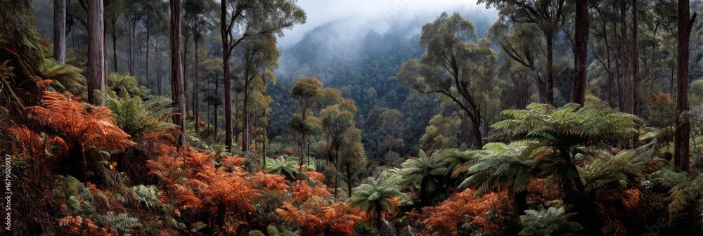 Fototapeta premium Lush Green Forest with Ferns and Misty Background in Serene Wilderness Landscape