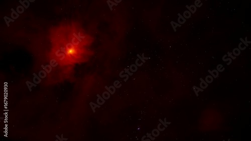 Colorful space background with red-purple nebula and stars.