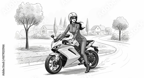 Fashionable female rider on motorcycle cruising neighborhood scenic road