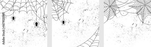 Black Spider Web and spiders, cobweb on white grunge square background set, Vector illustration