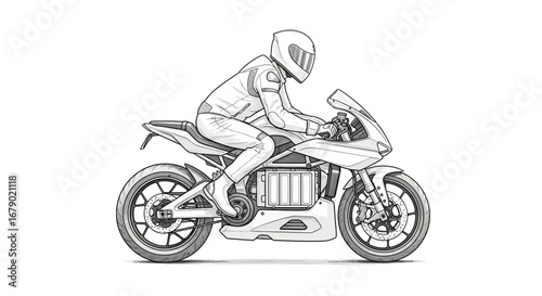 Futuristic electric motorcycle design with rider in full protective gear illustration