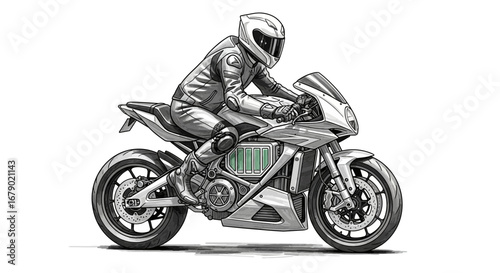 Futuristic electric motorcycle illustration with rider in monochrome style