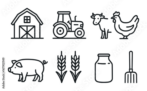 Agricultural icons set featuring farm animals, barn, tractor, and harvest tools