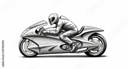 Futuristic monochrome motorcycle with rider artwork conveys speed and style
