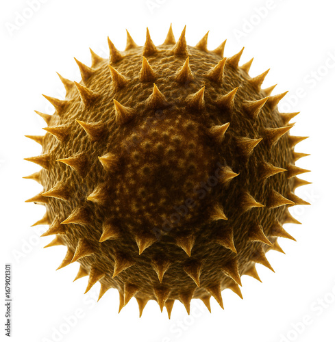 Dark field microscopy image of a pollen grain showing spiky exine texture and round shape