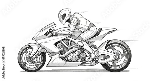 Futuristic motorcyclist showcasing advanced vehicle design in grayscale art