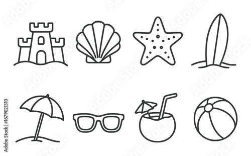 Beach icons: sandcastle, shell, starfish, surfboard, umbrella, sunglasses, cocktail, beach ball