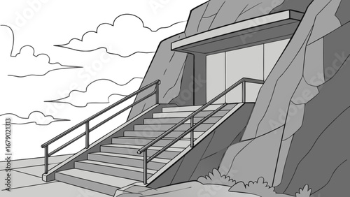 Illustration of hillside house entrance with stairs and railings for architectural design ideas