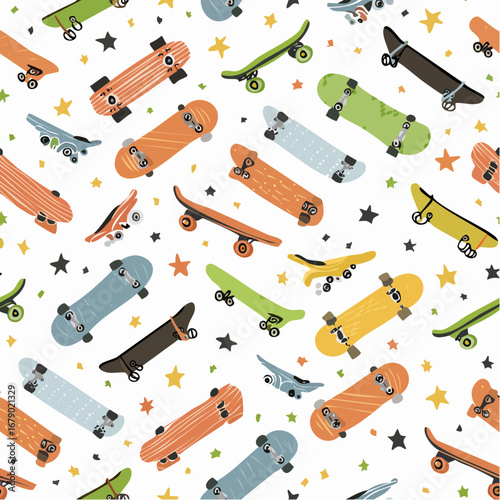 Hand-drawn skateboarding seamless pattern. Skate background texture. Skateboarding doodle illustration. Vector seamless repeat pattern.
