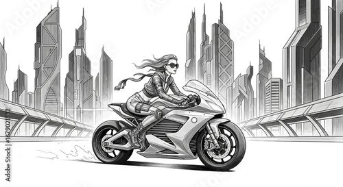 Futuristic motorcycle rider navigates monochrome cityscape with speed and style