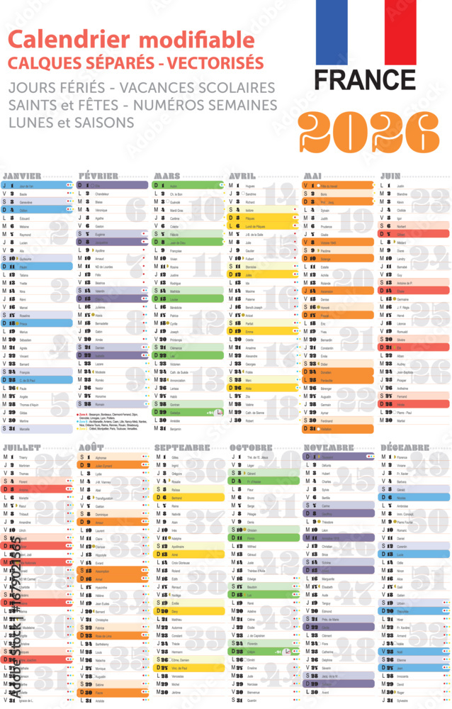 Calendrier 2026 français avec vacances scolaires, semaines, fêtes et jours fériés. Modifiable, calques. 12 mois, Calendrier de bureau optimisé formats A4 et A3
