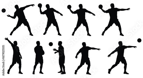 Silhouettes of people playing handball in various poses and movements