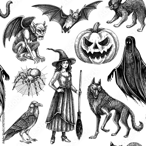 Halloween background. Gothic pattern seamless texture. Witch, vampire, monsters, pumpkin head sketches. Hand drawn vector illustrationNOT AI generated