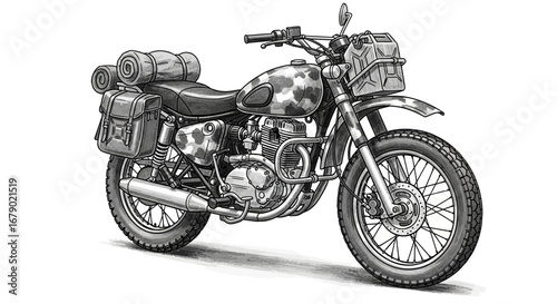 Hand-drawn vintage motorcycle ready for an adventure on a white backdrop