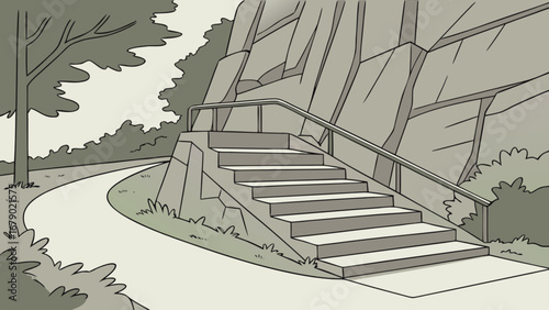 Illustration of outdoor stairs with railing leading to rock formation in nature scene view