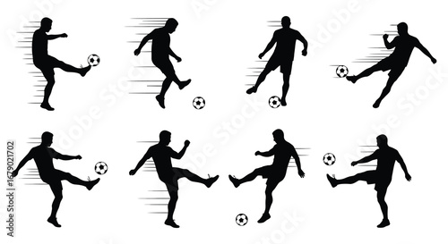 Silhouettes of soccer players in various kicking positions on white background