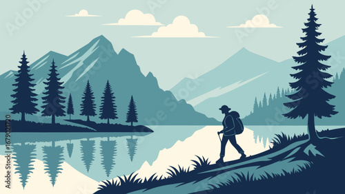 Scenic mountain lake hiking trail adventure illustration for outdoor recreation and travel tourism