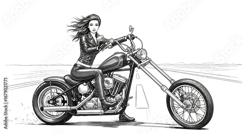 Illustration of a Woman on a Motorcycle Riding on the Open Road Artwork