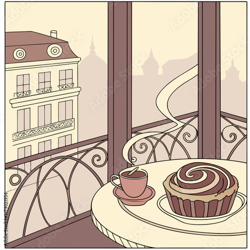 Enjoy a delightful Parisian cafe scene with a pastry and coffee on a balcony overlooking charming cityscape architecture