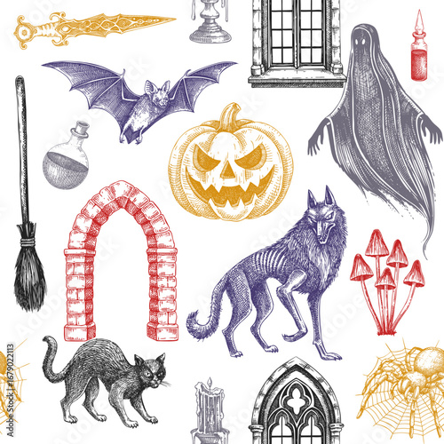 Halloween background. Gothic pattern seamless texture. Spooky season hand drawn vector illustration. NOT AI generated