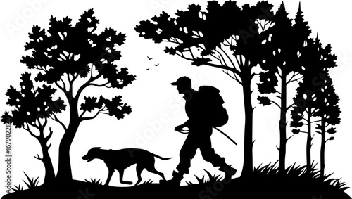 Silhouetted Hiker and a Dog in the Forest, Black and White Vector Illustration