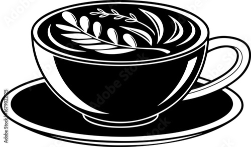 Hot Coffee with Latte Art, Black and White Engraving Style
