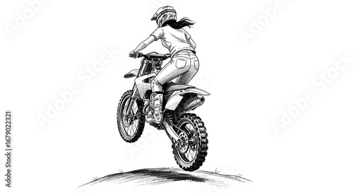 Illustrative woman rider jumps high on a powerful off road motocross bike
