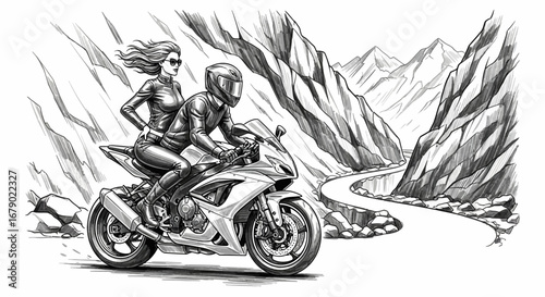 Ink drawing of a couple riding motorcycle through mountainous landscape