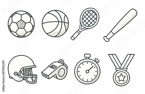 Collection of iconic sports equipment and symbols on metallic background