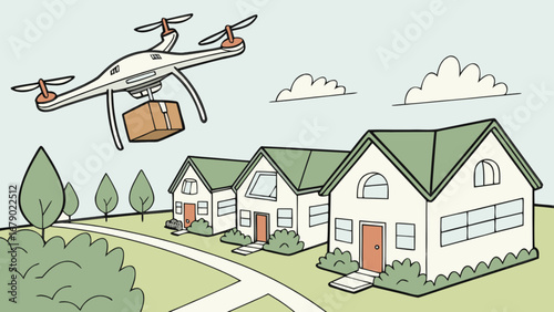 Drone delivery service delivering package to suburban neighborhood houses for fast shipping and logistics