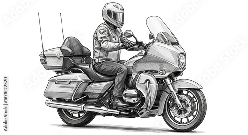 Ink sketch of a touring motorcycle with a helmeted rider cruising on open road