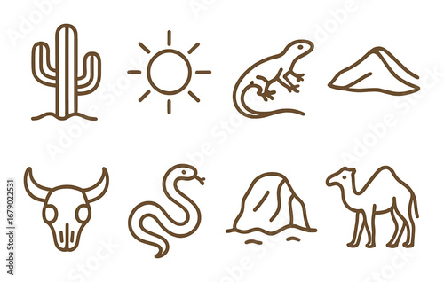 Desert symbols featuring cactus sun lizard mountain and camel illustrations