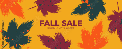 Fall Sale commercial background with brush stroke autumn maple leaves for Autumn Season shopping promotion and seasonal sale advertising. Vector illustration.