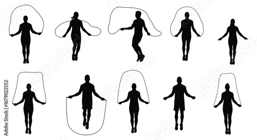 Silhouettes of people jumping rope in various poses and movements