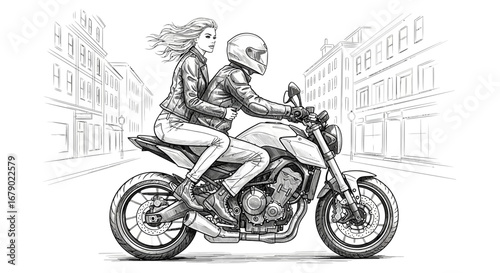 Line art illustration of a couple riding a motorcycle through city streets