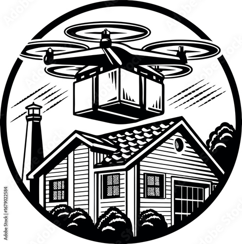 Modern drone delivering package to a house with a cityscape background
