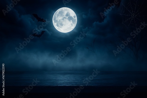 Full moon over a misty, dark ocean with bats and a spiderweb in a spooky, Halloween-themed scene.