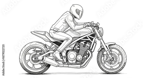 Line art illustration showcasing a motorcyclist riding a custom bike on white