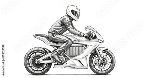 Modern electric motorbike illustration with a rider in full gear outline